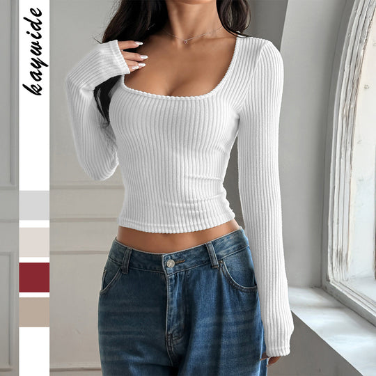 Damen nan tailliertes Rippstrick-Longsleeve mit tiefem quadratischem Ausschnitt und formendem Shaping-Effekt EB