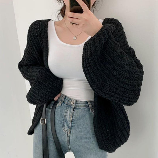 Damen grob gestrickte Oversized Cardigan mit tiefem V-Ausschnitt EB