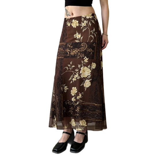 Damen Maxi-Rock mit floralem Design und transparenter Chiffon-Überlage EB