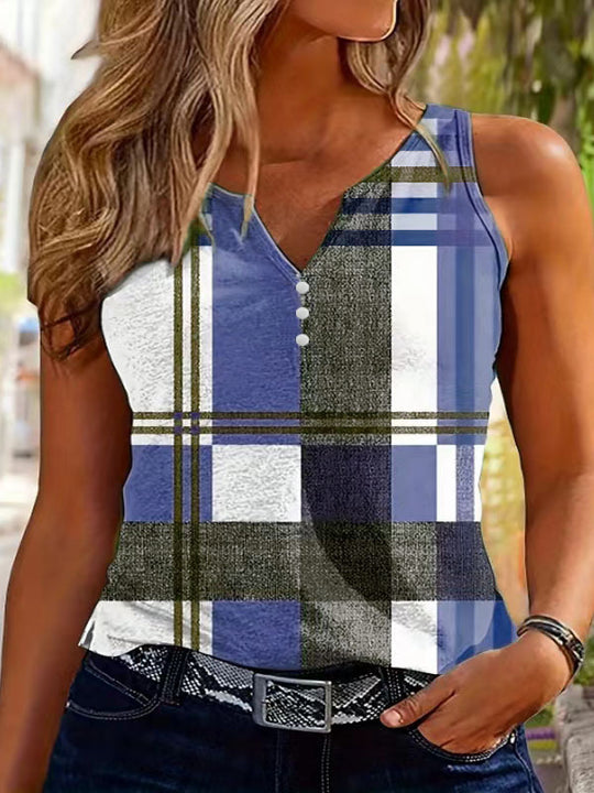 Damen ärmelloses V-Neck Top mit dekorativem Knopfdetail und modernem Karomuster EB