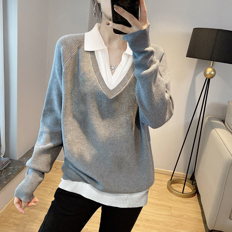 Damen V-Ausschnitt Pullover im Layering-Stil mit kragen EB