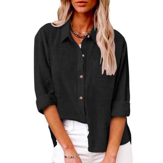 Damen nan oversized Leinen-Baumwollmix Hemdbluse mit Brusttasche und krempelbaren Ärmeln EB