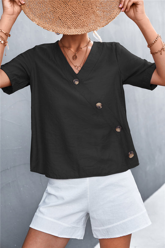 Damen lässige Bluse mit Wickeloptik und Knopfdetails EB