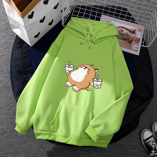 Damen nan niedlicher Kapuzenpullover mit Kängurutasche, oversized Schnitt und Bubble‑Tea Corgi-Print EB
