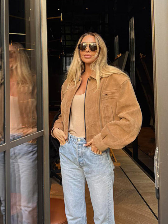Damen Modische Wildlederjacke im cropped Stil mit praktischen Taschen EB