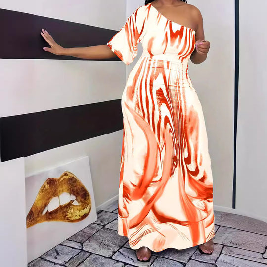 Damen Maxikleid mit asymmetrischem Schnitt und elegantem Muster EB
