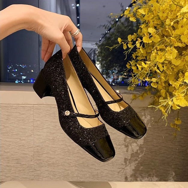 Damen Elegante Glitzer-Pumps mit doppeltem Riemchen und komfortablem Blockabsatz EB