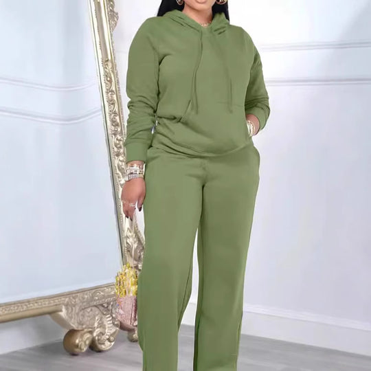 Damen nan Relax-Loungewear-Set mit weitem Highwaist-Palazzo-Jogger, Kapuzenpullover mit Kängurutasche und seitlichem Saumschlitz EB