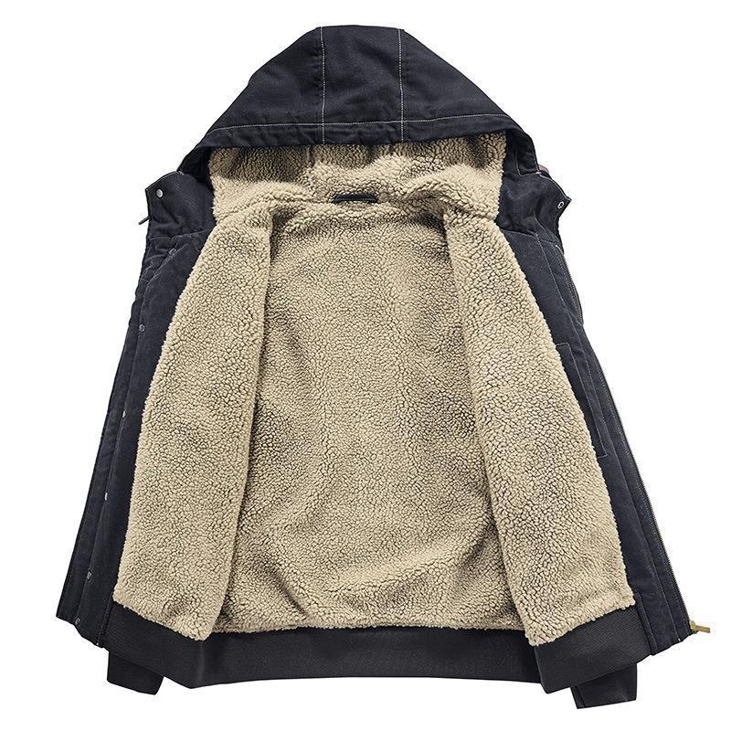 Herren Canvas-Kapuzenjacke mit Sherpa-Innenfutter, Utility-Taschen und Rippbündchen EB