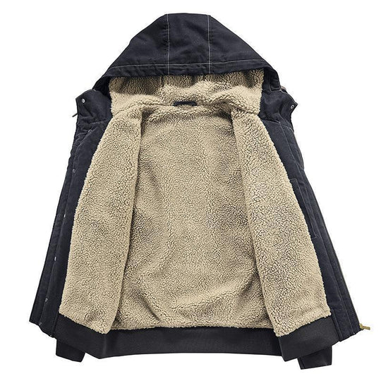 Herren Canvas-Kapuzenjacke mit Sherpa-Innenfutter, Utility-Taschen und Rippbündchen EB