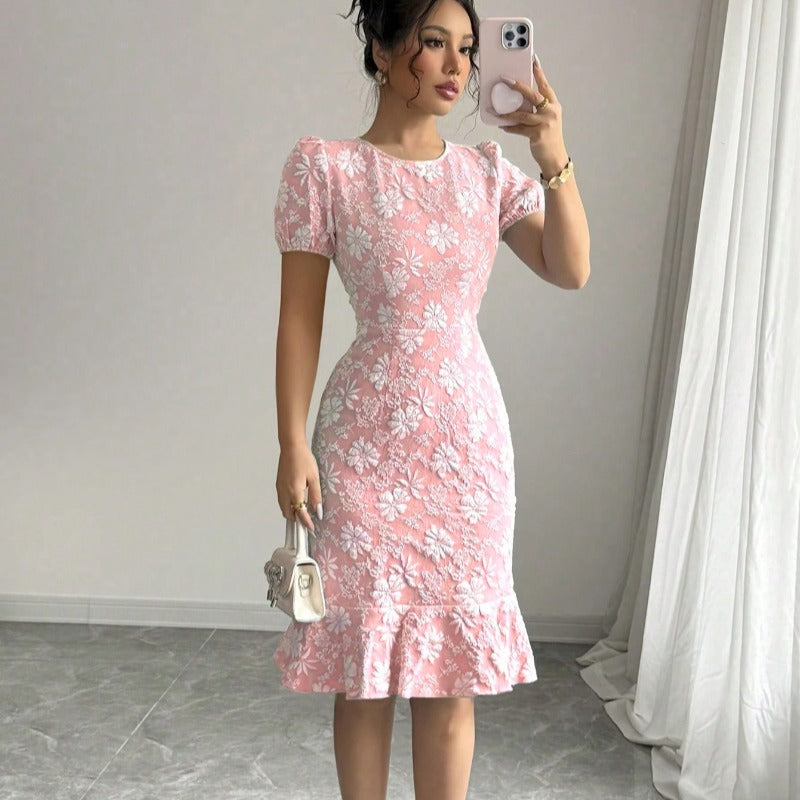 Damen elegantes Midikleid mit voluminösen Ballonärmeln und floralen Akzenten EB