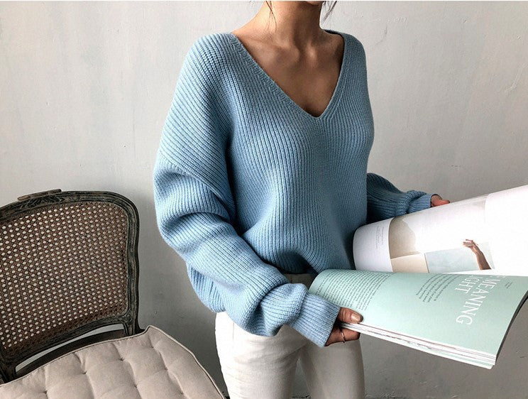 Damen Strickpullover mit V-Ausschnitt und lässigem Schnitt EB