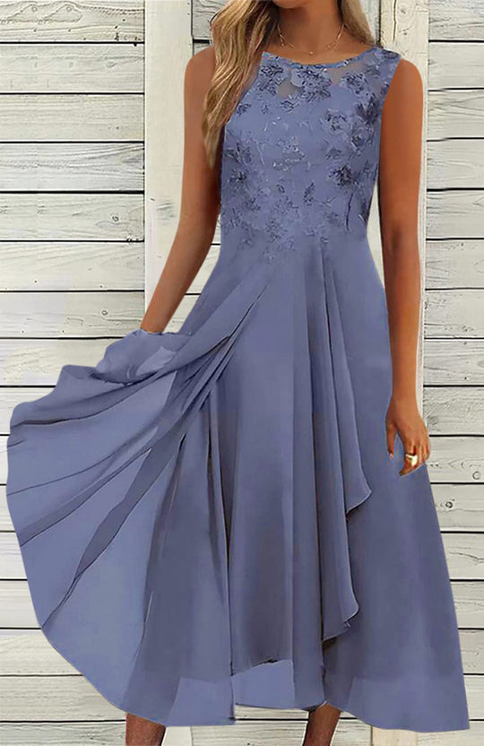Damen nan ärmelloses Chiffon-Midikleid mit bestickter Brustpartie und asymmetrischem Lagenrock EB