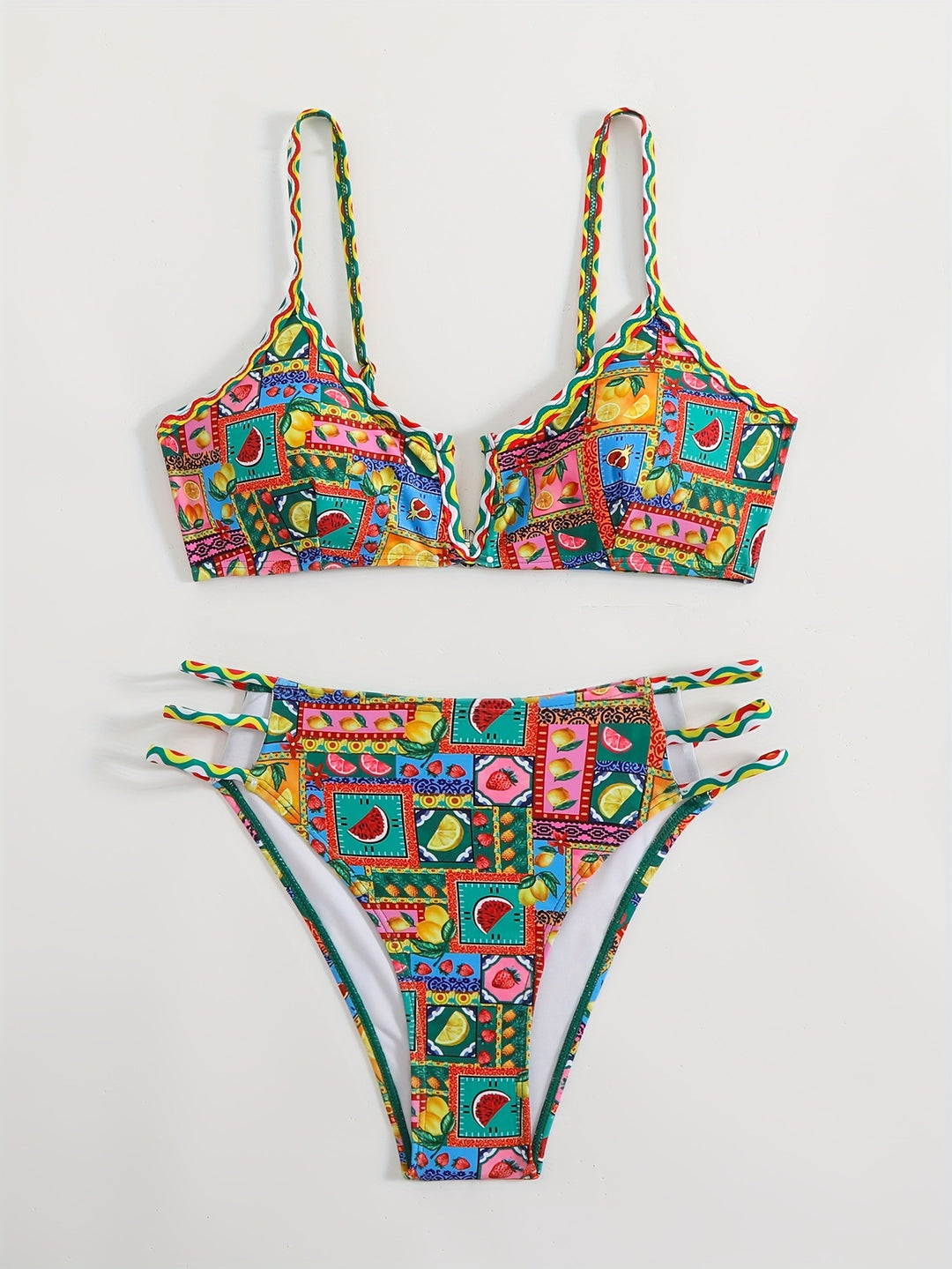 Damen Bikini-Set mit buntem Fruchtmuster und raffinierten Trägerdetails EB