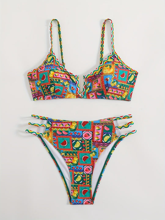 Damen Bikini-Set mit buntem Fruchtmuster und raffinierten Trägerdetails EB