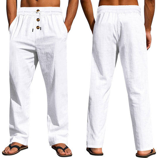 Herren nan lockere Leinen-Relaxhose mit elastischem Tunnelzugbund, Kordelzug und dekorativer Knopfleiste EB