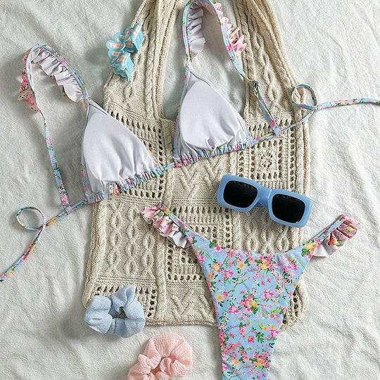 Damen Triangel-Bikini-Set mit floralen Rüschendetails und verstellbaren Trägern EB
