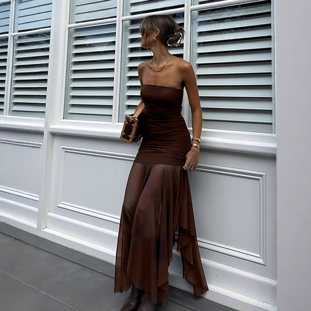 Damen Extravaganter Maxikleid mit Raffungen und asymmetrischem Saum EB