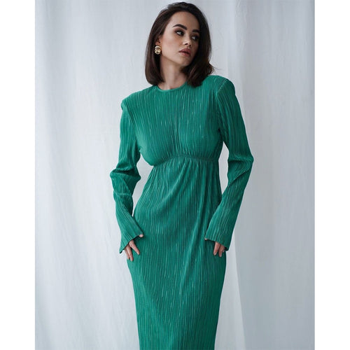 Damen Elegantes Maxikleid mit strukturierten Falten und langen Ärmeln EB