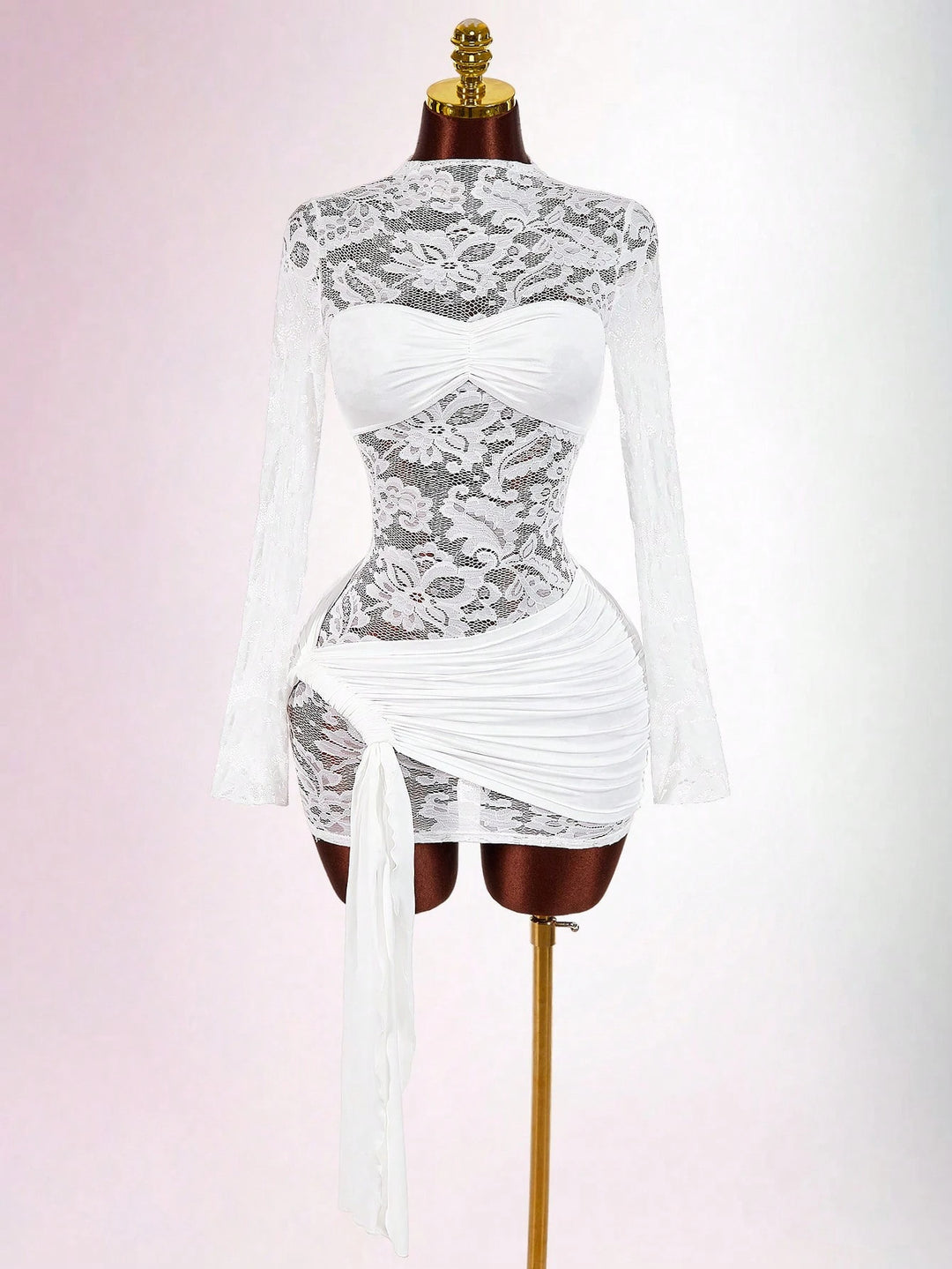 Damen nan transparentes Spitzen-Minikleid mit Bandeau-Einsatz, gerafftem Wickelrock und langen Ärmeln EB