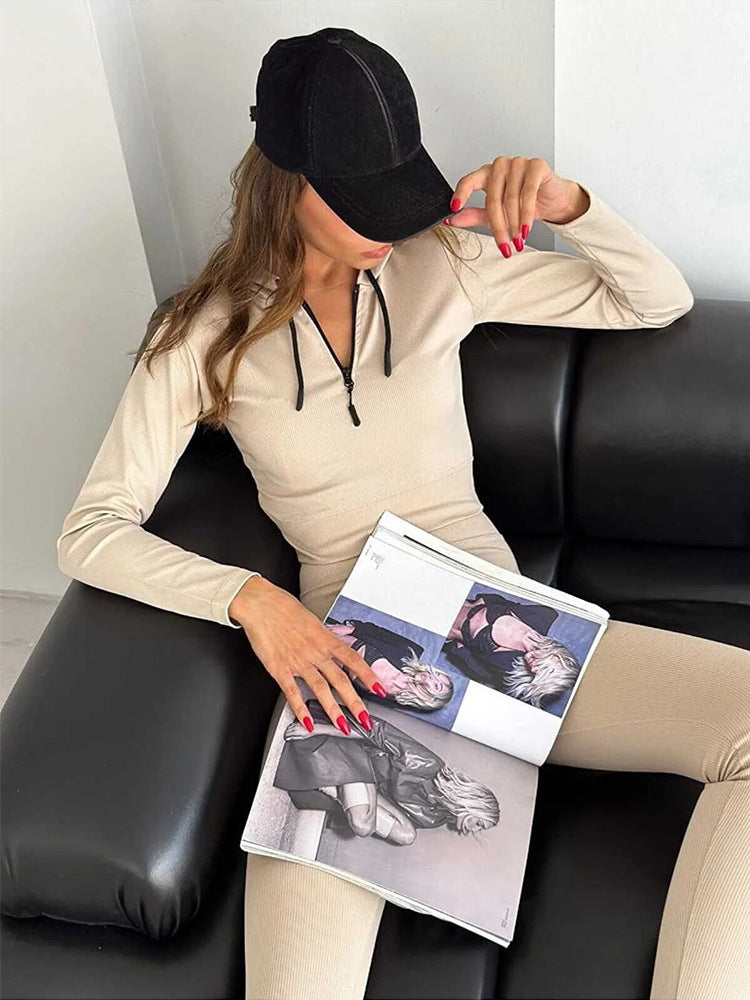 Damen geripptes Lounge-Set mit halbem Reißverschluss und hoher Taille EB