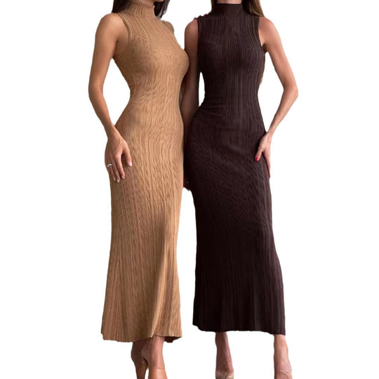 Damen figurbetontes Maxikleid mit hohem Kragen und elegantem Rippmuster EB