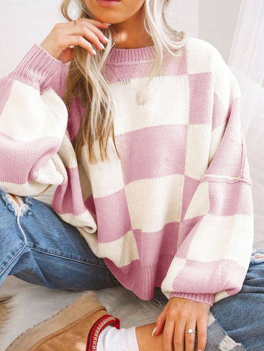 Damen modischer Pullover mit Karomuster und weitem Schnitt EB