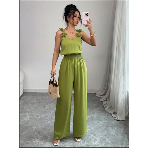 Damen Jumpsuit mit floralen Rüschen und weitem Bein EB