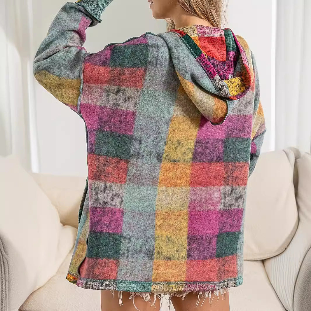 Damen lässiger Block-Check Pullover mit Kapuze und praktischen Taschen EB