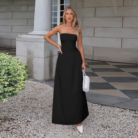 Damen elegantes Bandeau-Maxi-Kleid mit schwingendem Rock und elastischem Bund EB