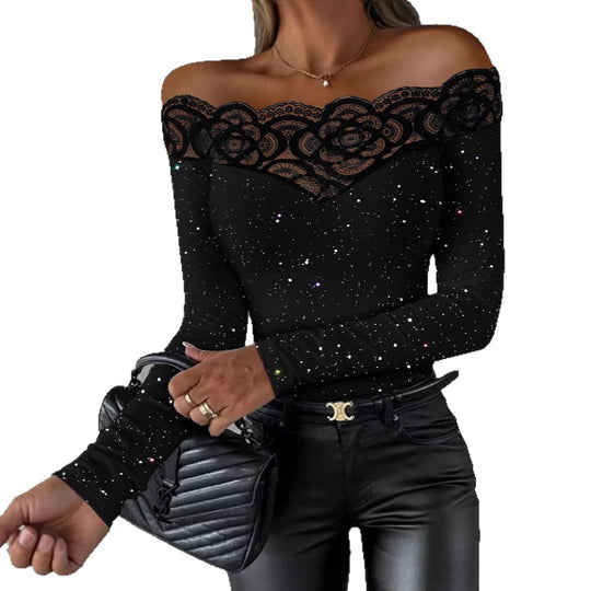 Damen Oberteil mit transparentem Spitzenbesatz und modischem Galaxie-Design EB