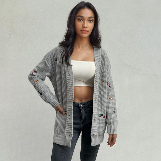 Damen Strickjacke mit floralem Stickdesign EB