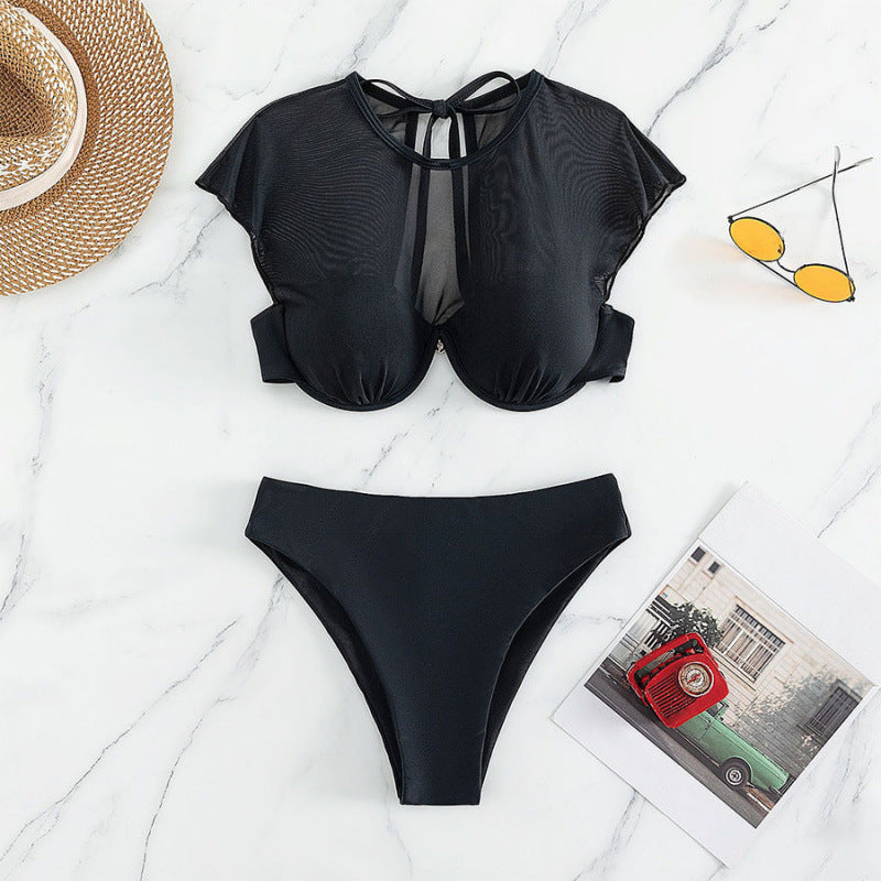 Damen Sport-Bikini-Oberteil mit transparenten Ärmeln und hochgeschnittenem Unterteil EB
