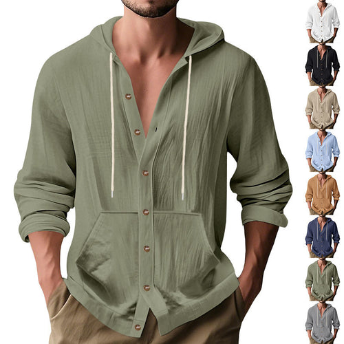 Herren nan figurbetonte Kapuzenhemd-Jacke aus Baumwollmix mit Druckknopfleiste und Kängurutasche EB