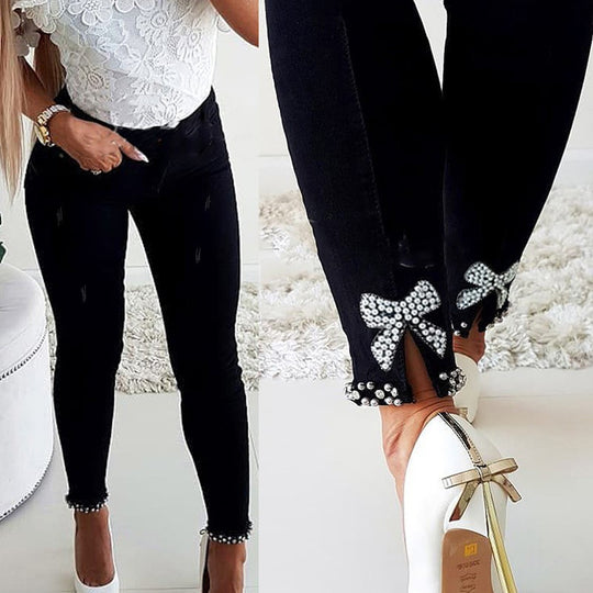 Damen Skinny Jeans mit Perlen- und Schleifendetails EB