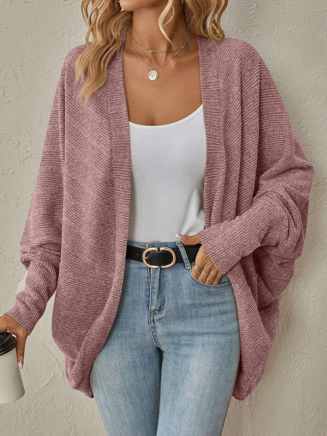 Damen Offener Feinstrick-Cardigan mit Strukturstreifen und überlanger Relax-Silhouette EB