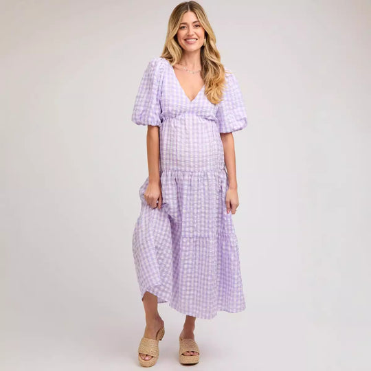 Damen Maxikleid mit voluminösen Puffärmeln und V-Ausschnitt EB