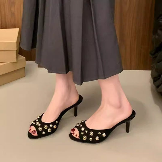 Damen elegante Mules mit funkelnden Perlen EB