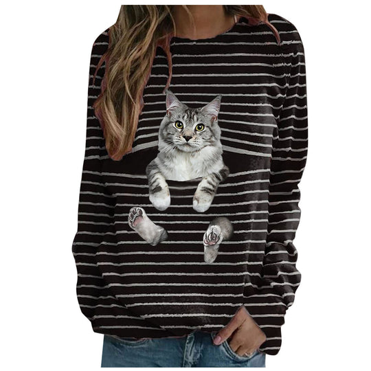 Damen nan lässiger Streifenpullover mit fotorealistischer Katzentasche und Rundhalsausschnitt EB