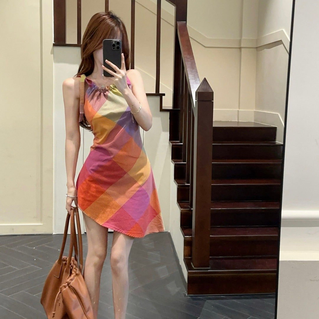 Damen Kurzarmkleid mit modischem Karomuster und elastischem Ausschnitt EB