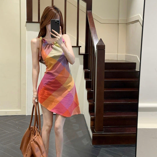 Damen Kurzarmkleid mit modischem Karomuster und elastischem Ausschnitt EB