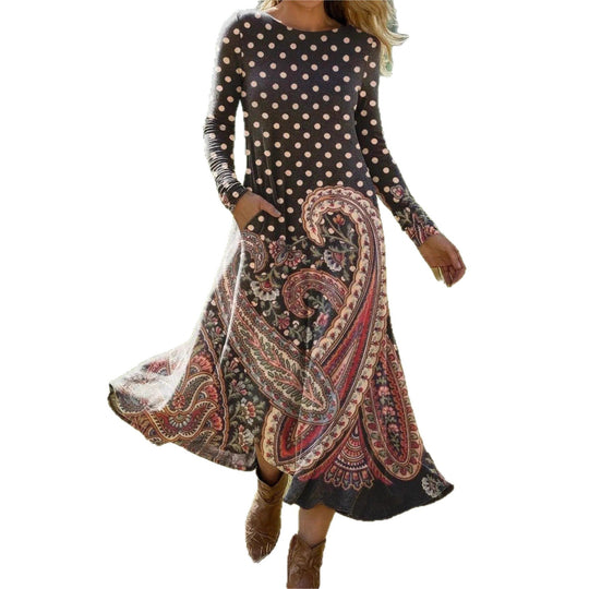 Damen Maxikleid mit Paisley‑ und Polka‑Dot‑Print, langärmeliges A‑Linien‑Jerseykleid EB