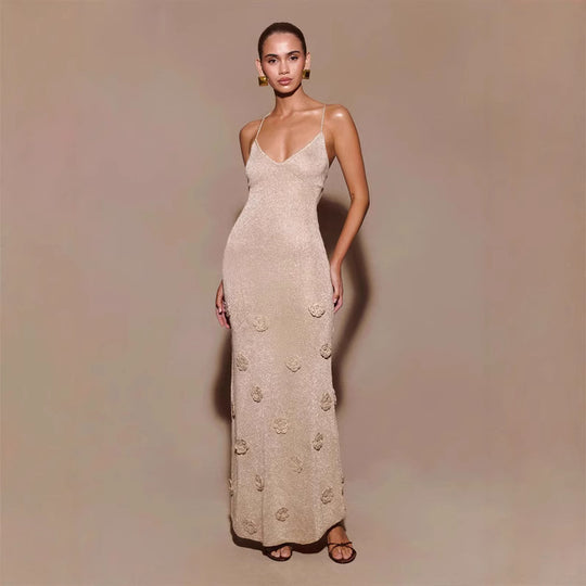 Damen Elegantes Maxikleid mit funkelnden Blütenapplikationen EB