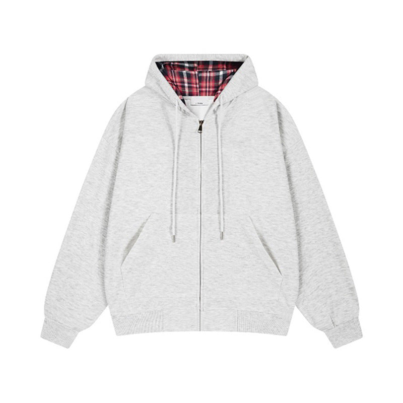 Damen lässige Kapuzenjacke mit Karo-Innenfutter und durchgehendem Reißverschluss EB