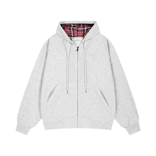 Damen lässige Kapuzenjacke mit Karo-Innenfutter und durchgehendem Reißverschluss EB