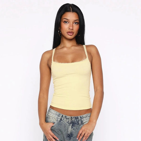 Damen Spaghettiträgershirt mit zarter Spitzenverzierung EB