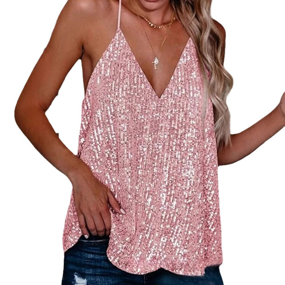 Damen Glamouröses Pailletten-Top mit tiefem V-Ausschnitt und schmalen Spaghettiträgern EB