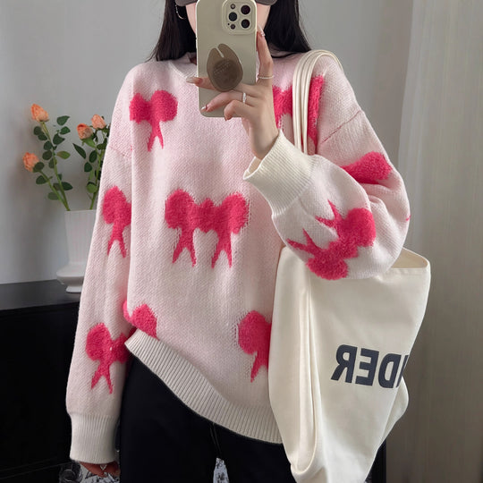 Damen Kuscheliger Strickpullover mit verspieltem Schleifenmotiv EB