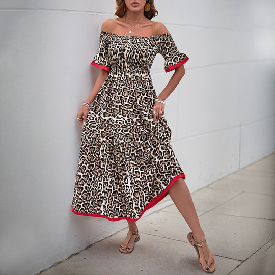 Damen Off-Shoulder Maxikleid mit tierischem Muster und Rüschendetails EB