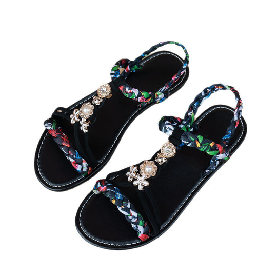 Damen dekorative Riemchensandalen mit floralem Design EB